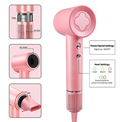 Guiwigo Hair Dryer, Professional Ionic Blow Dryer with 110,000 RPM Brushless Motor for Fast Drying,Low Noise,200 Million Negative Ionic High-Speed Thermo-Control Hair Dryer for  Home，Travel, Salon(Pink)