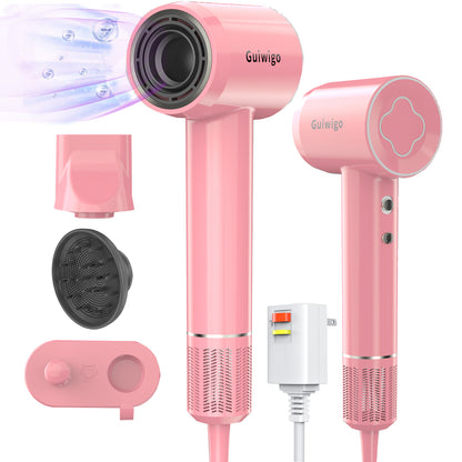 Guiwigo Hair Dryer, Professional Ionic Blow Dryer with 110,000 RPM Brushless Motor for Fast Drying,Low Noise,200 Million Negative Ionic High-Speed Thermo-Control Hair Dryer for  Home，Travel, Salon(Pink)