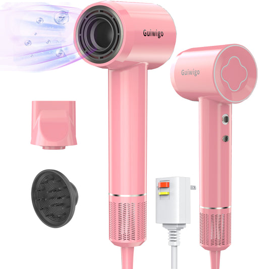 Guiwigo High Speed Professional Ionic Hair Dryers with Diffuser,Nozzle, 2 in 1,1500W brushless Motor,Fast Drying,Low Noise,200 Million Negative Ions,Hair Dryers for Women,Men,Kids,Pets,Gift(Pink))